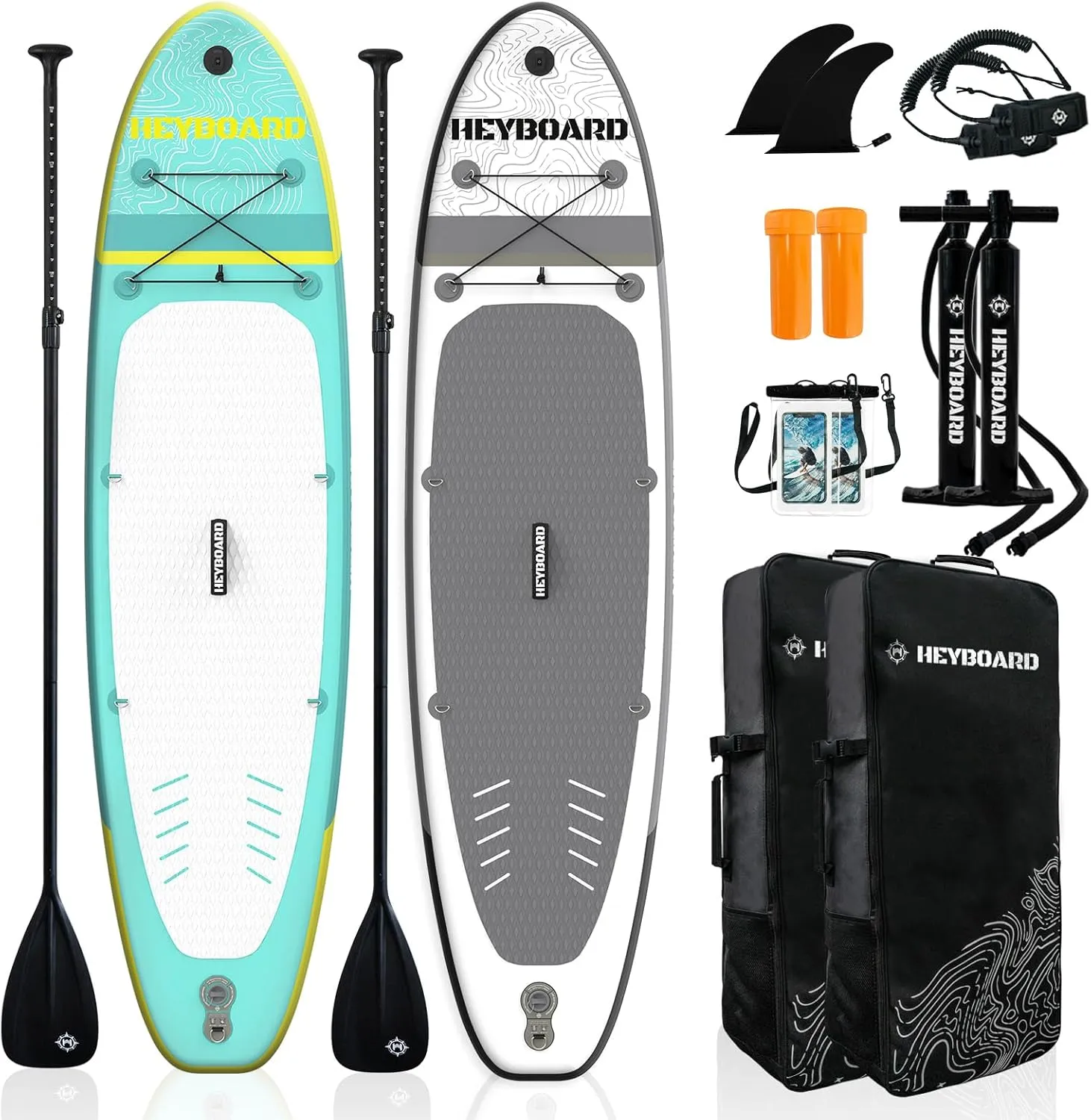 2-Pack HEYBOARD Inflatable Stand Up Paddle Board 10'6"x32"x6" Grey & Mint Green Patterned