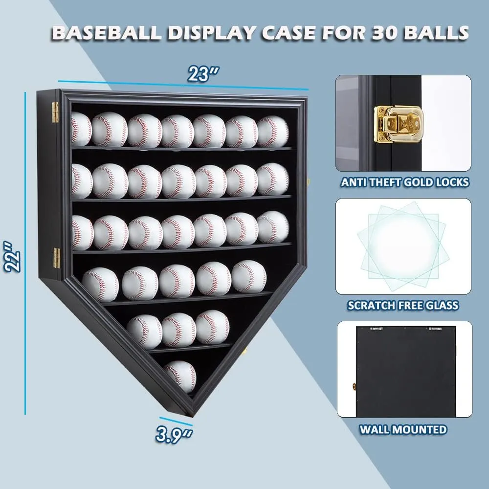 Baseball Display Frame Case Baseball Shadow Box Wall Cabinet Baseball Holders for 30 Balls Display with Lockable Anti Fade UV Protection Acrylic Door for Homerun and Collector Autograph Balls, Black