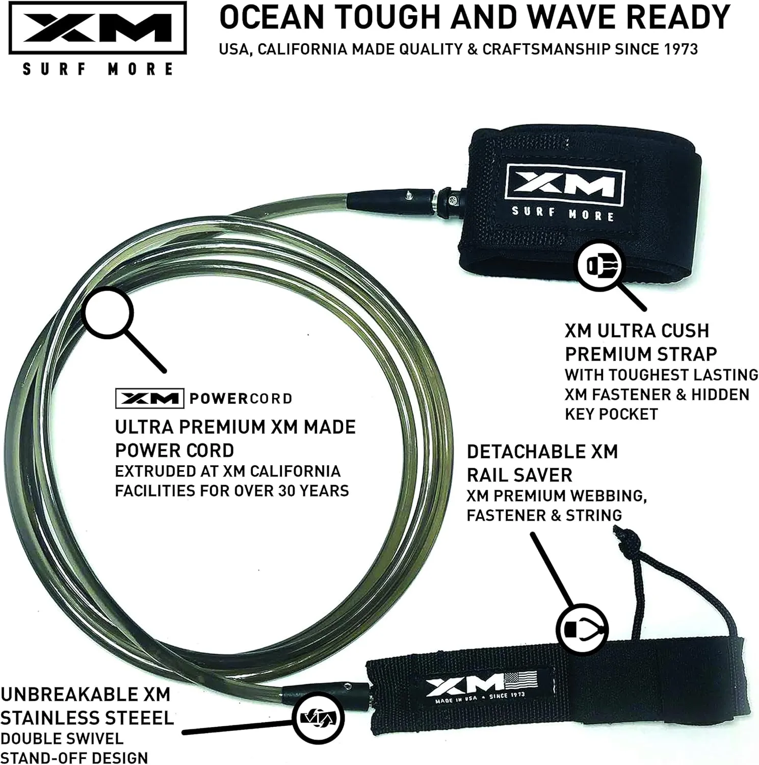 Big Wave Premium Surfboard Leash, 5/6/7/8/9/10/12/15ft Lengths, Big Wave (.313in) Cord Thickness, Many Colors, Key Pocket, Unbreakable Swivels, Detachable Railsaver, Made in USA