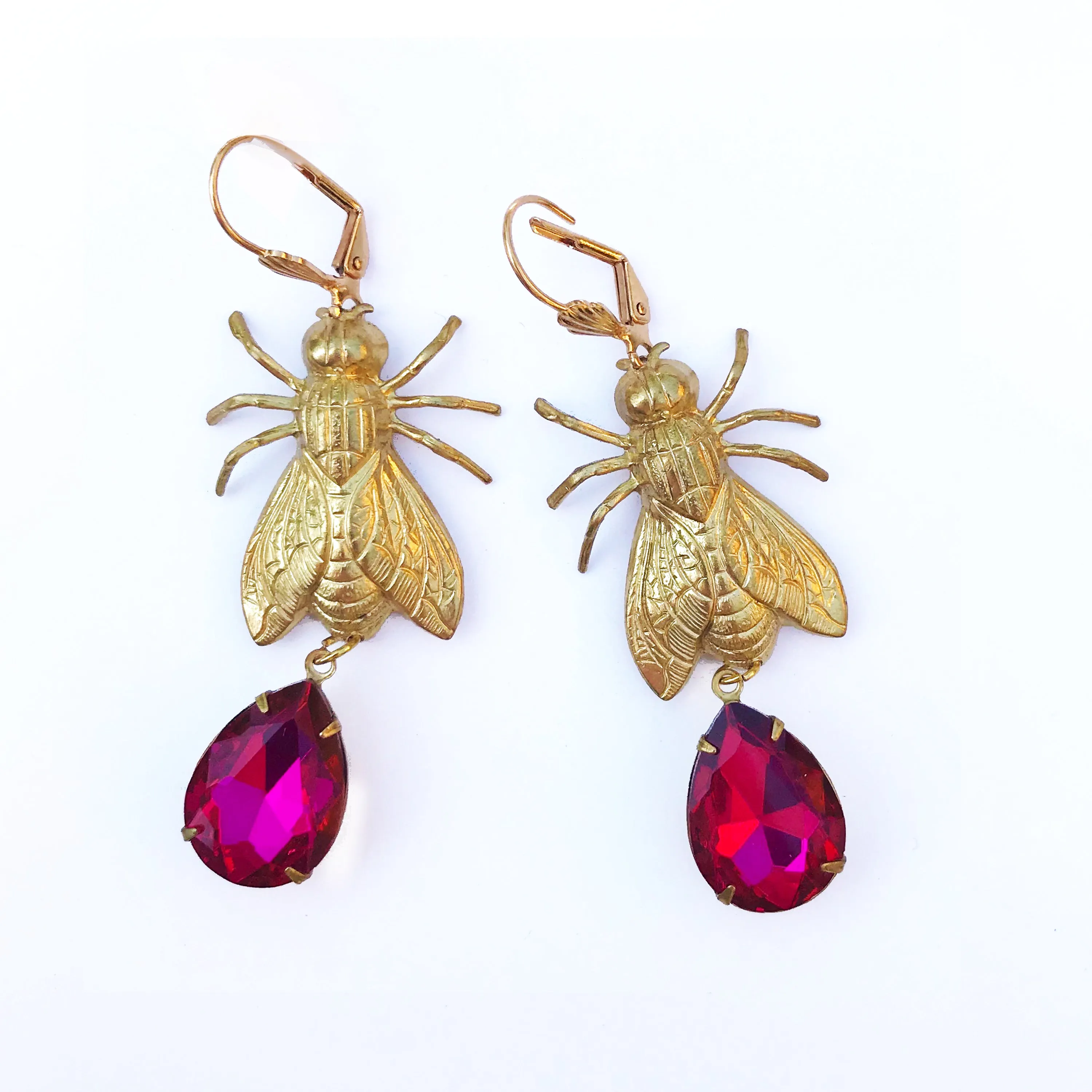 Brass Bee / Fly bug earrings  with vintage gems