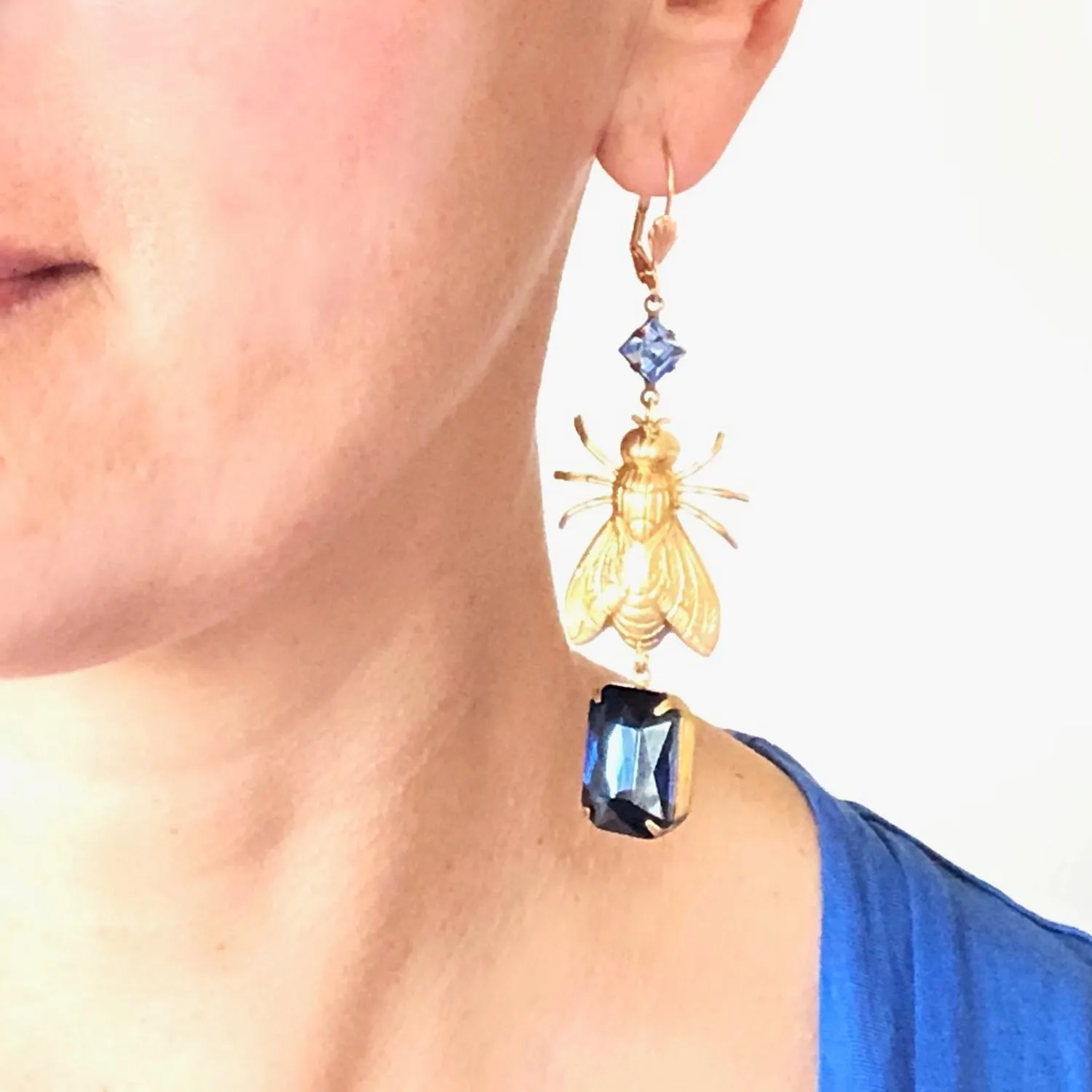 Brass Bee / Fly bug earrings  with vintage gems