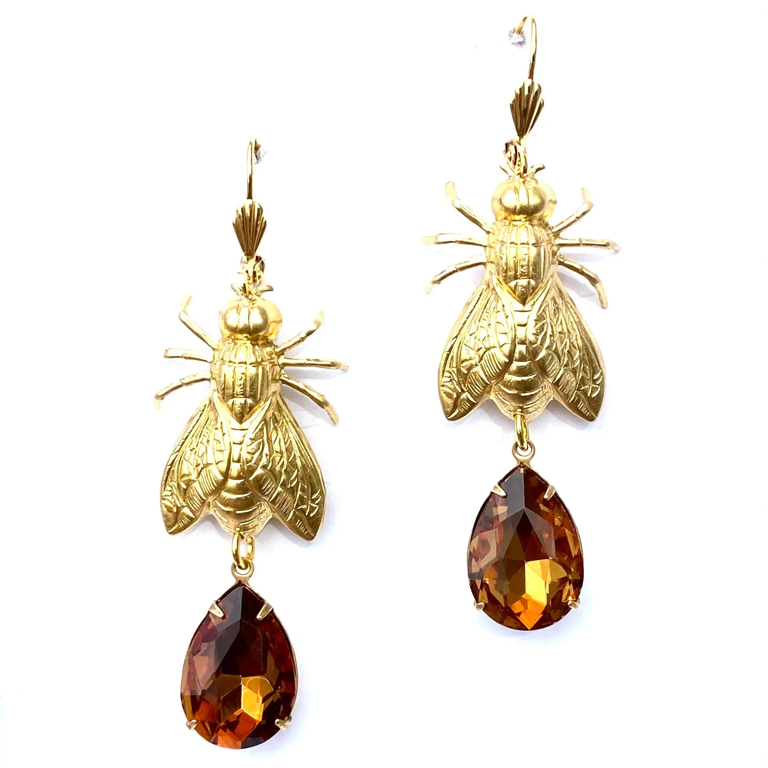 Brass Bee / Fly bug earrings  with vintage gems