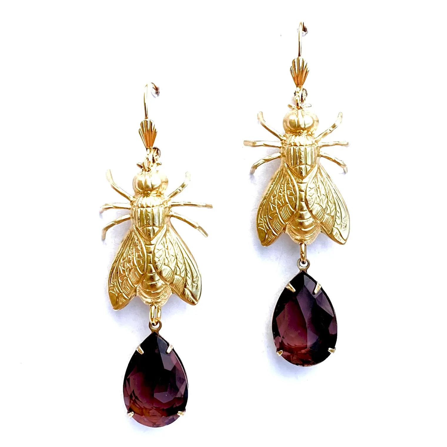 Brass Bee / Fly bug earrings  with vintage gems