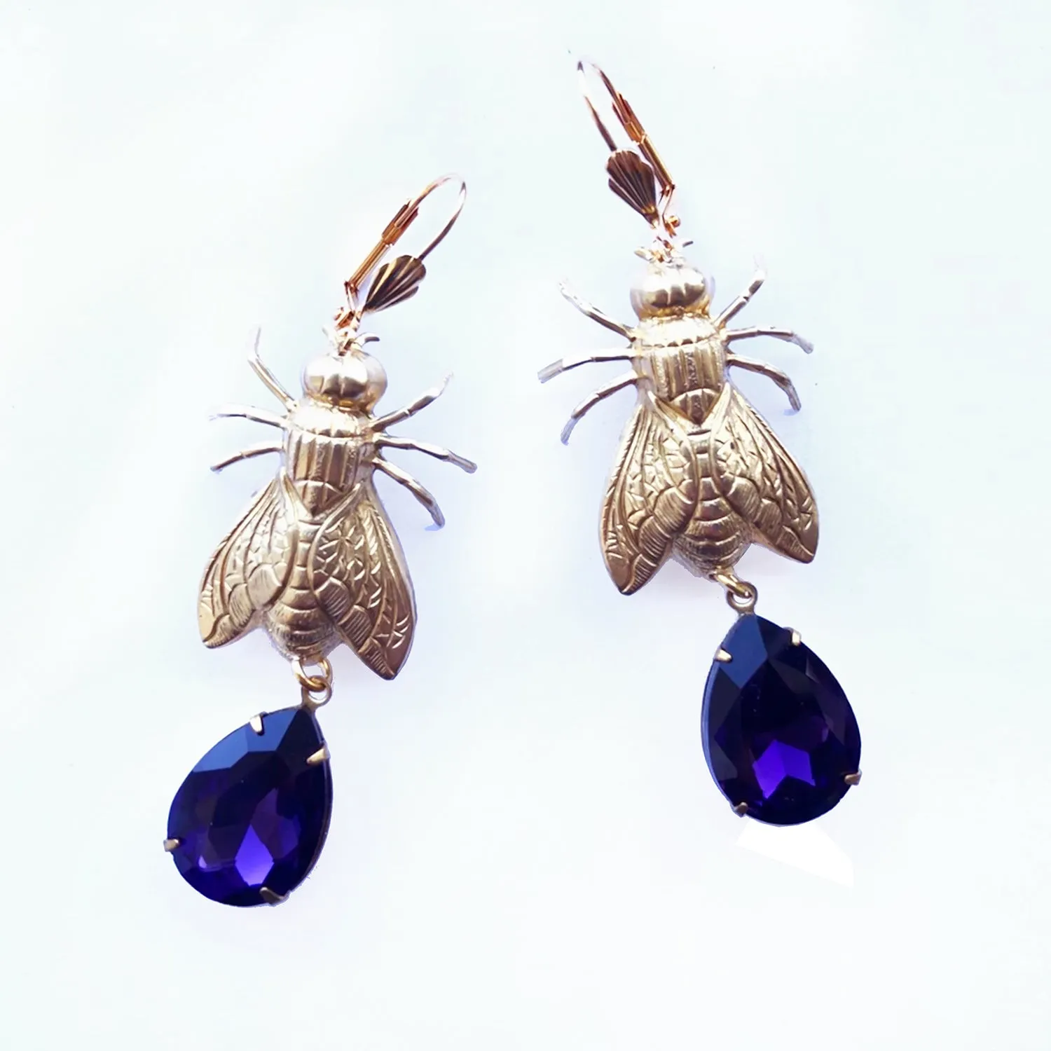 Brass Bee / Fly bug earrings  with vintage gems