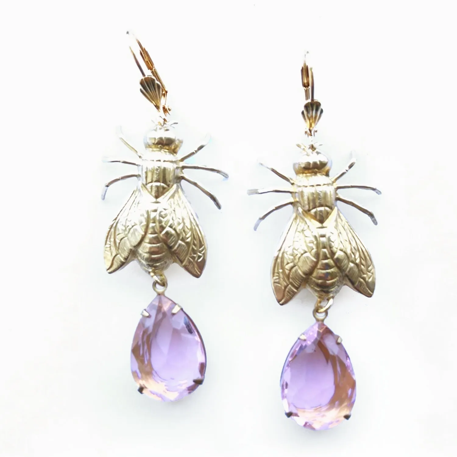 Brass Bee / Fly bug earrings  with vintage gems