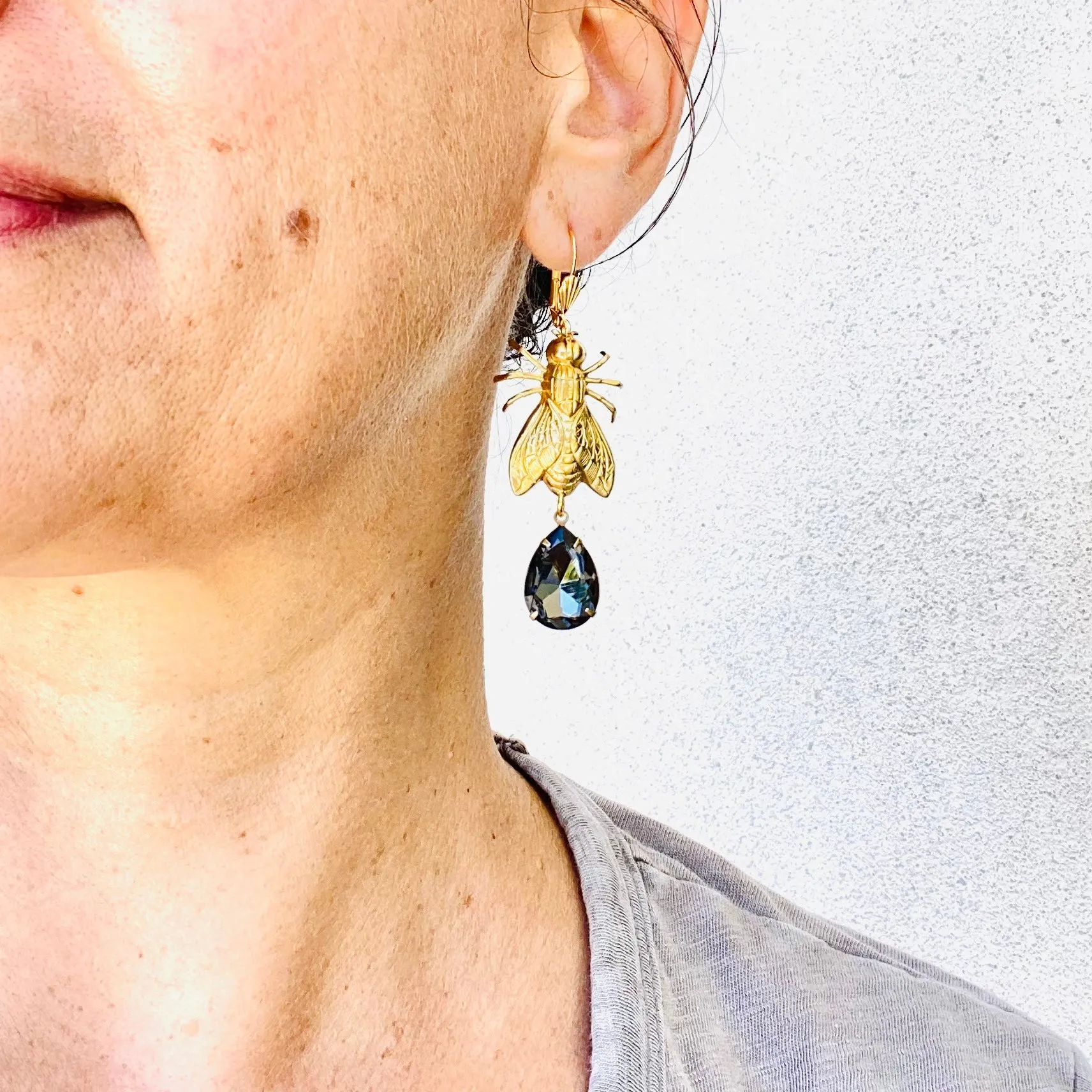 Brass Bee / Fly bug earrings  with vintage gems