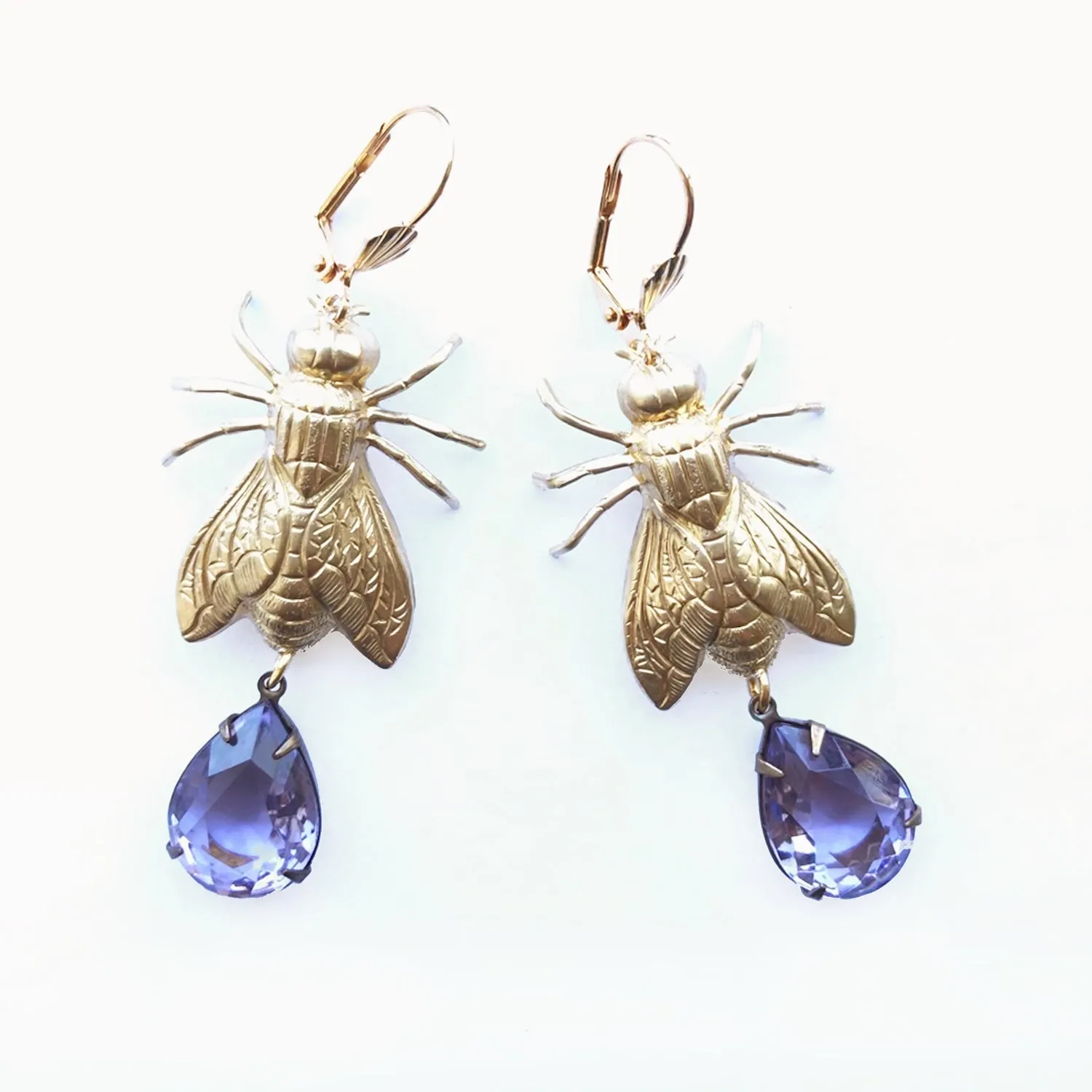 Brass Bee / Fly bug earrings  with vintage gems