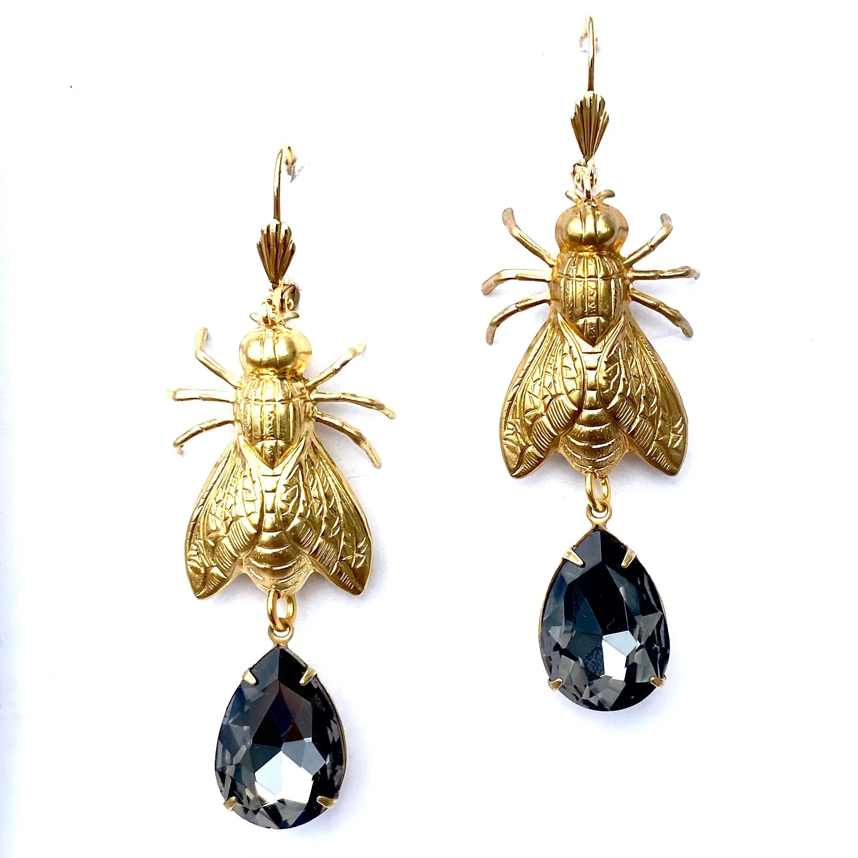Brass Bee / Fly bug earrings  with vintage gems