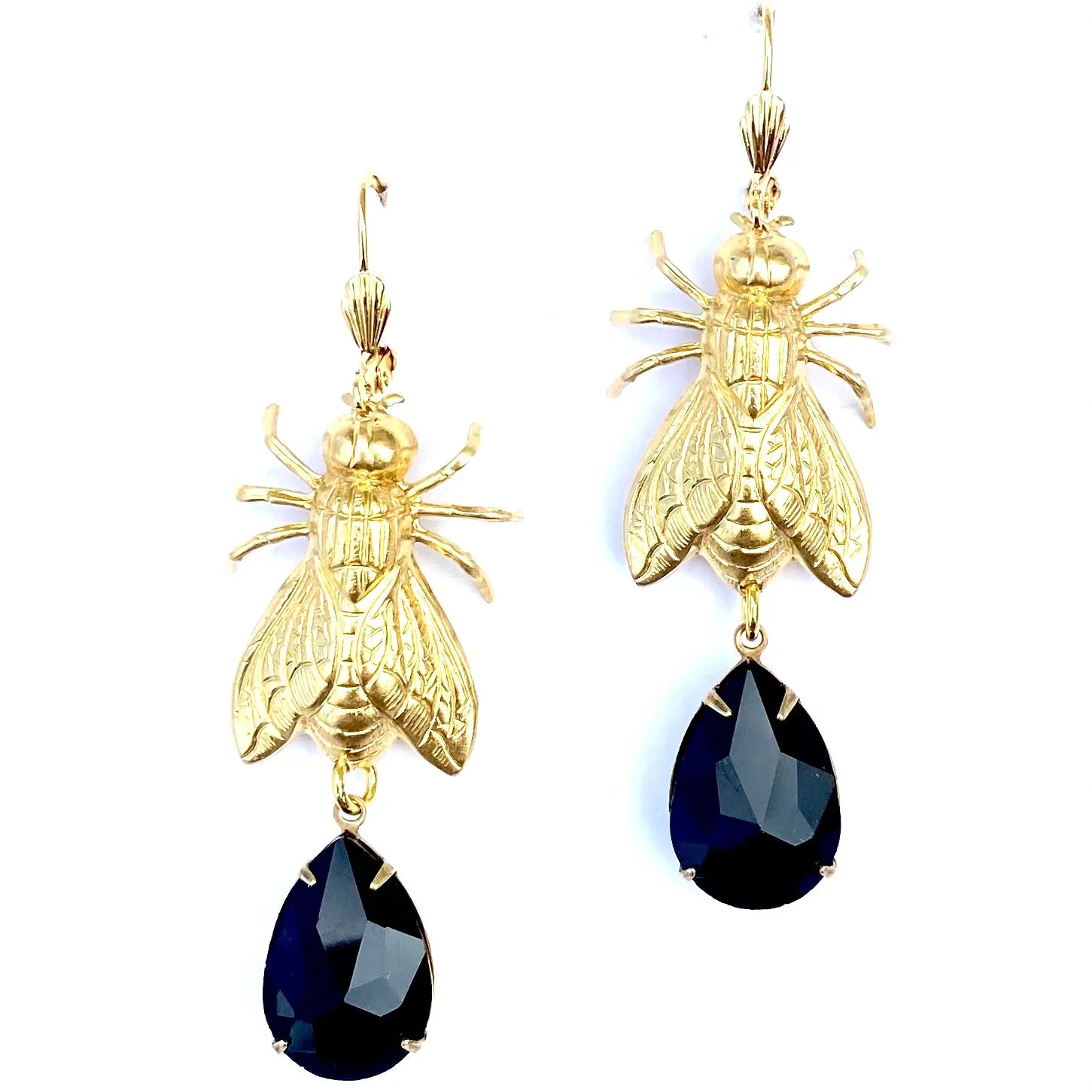 Brass Bee / Fly bug earrings  with vintage gems
