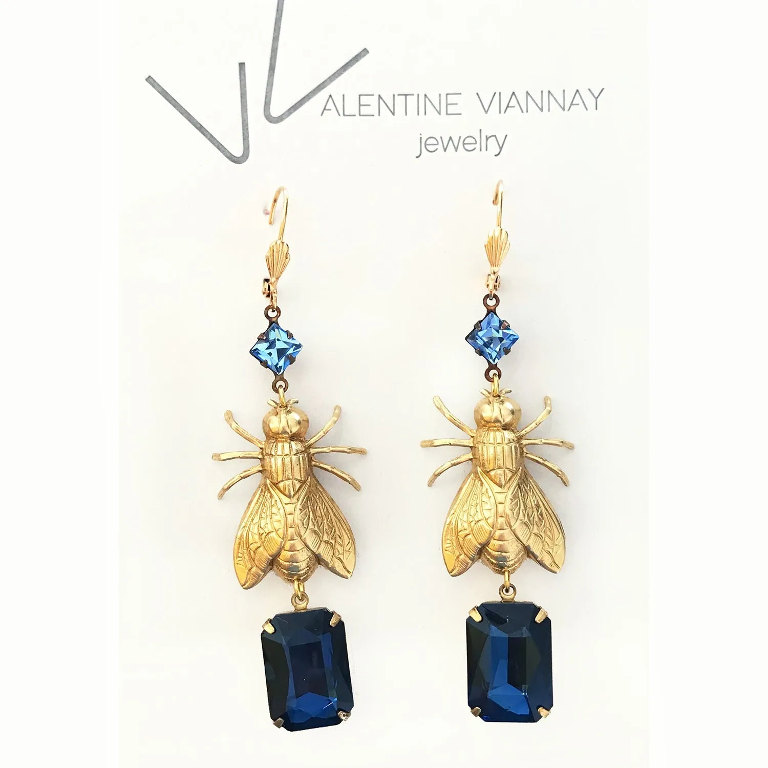 Brass Bee / Fly bug earrings  with vintage gems
