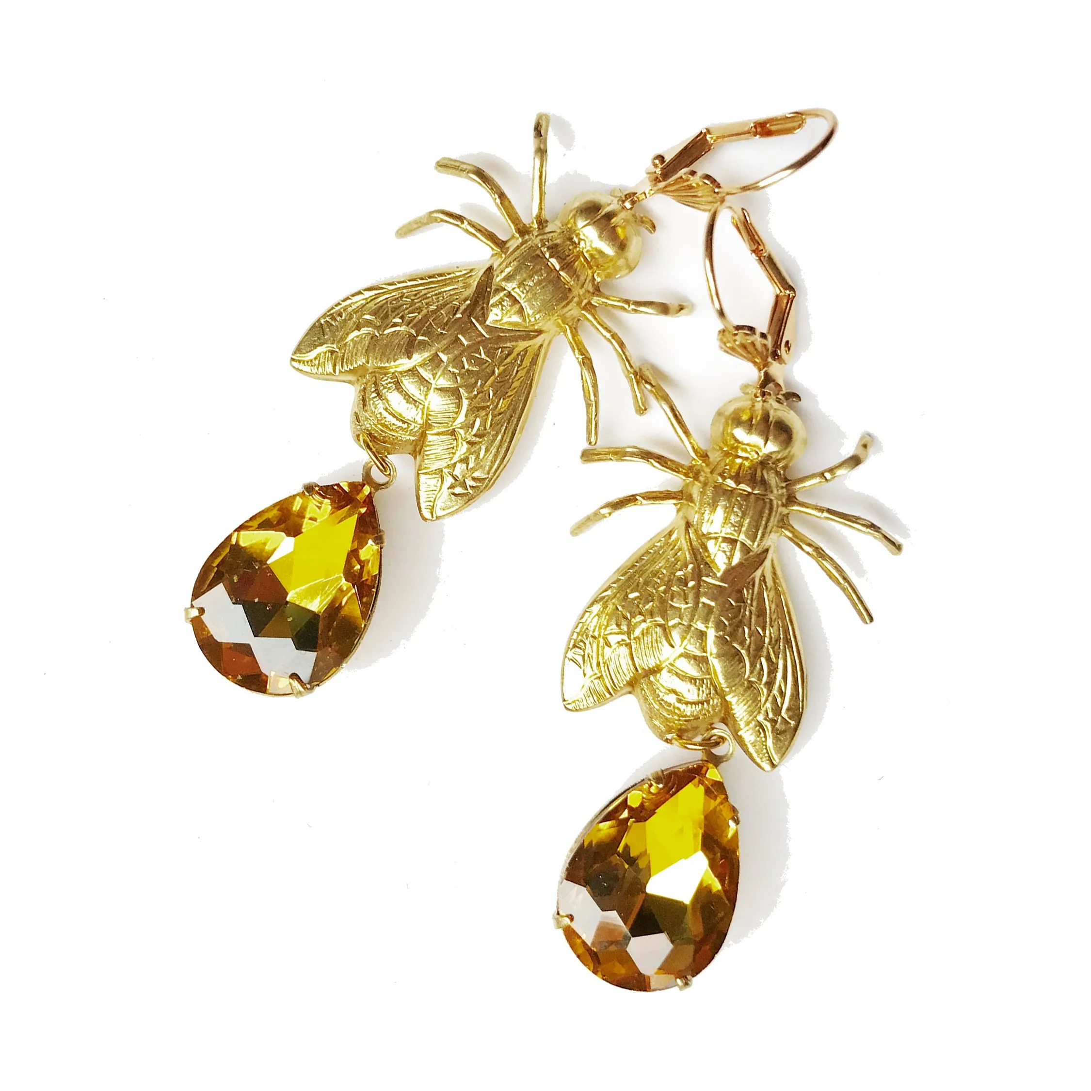 Brass Bee / Fly bug earrings  with vintage gems