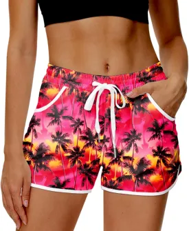 Deerose Women 4th of July Board Shorts Hawaiian Tropical Print Beach Swim Shorts with Pockets