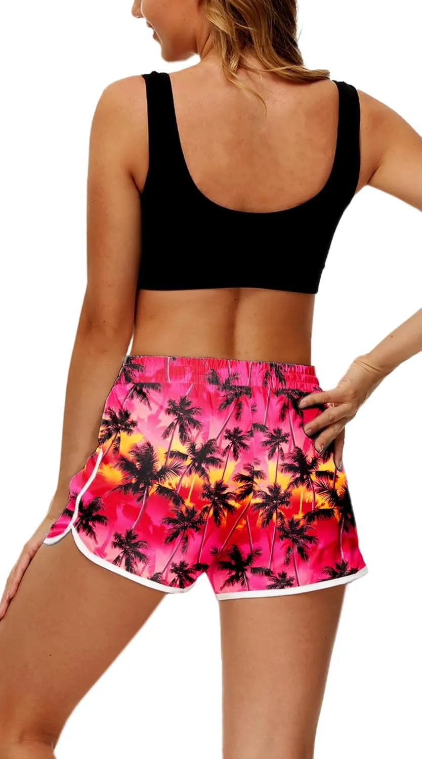 Deerose Women 4th of July Board Shorts Hawaiian Tropical Print Beach Swim Shorts with Pockets