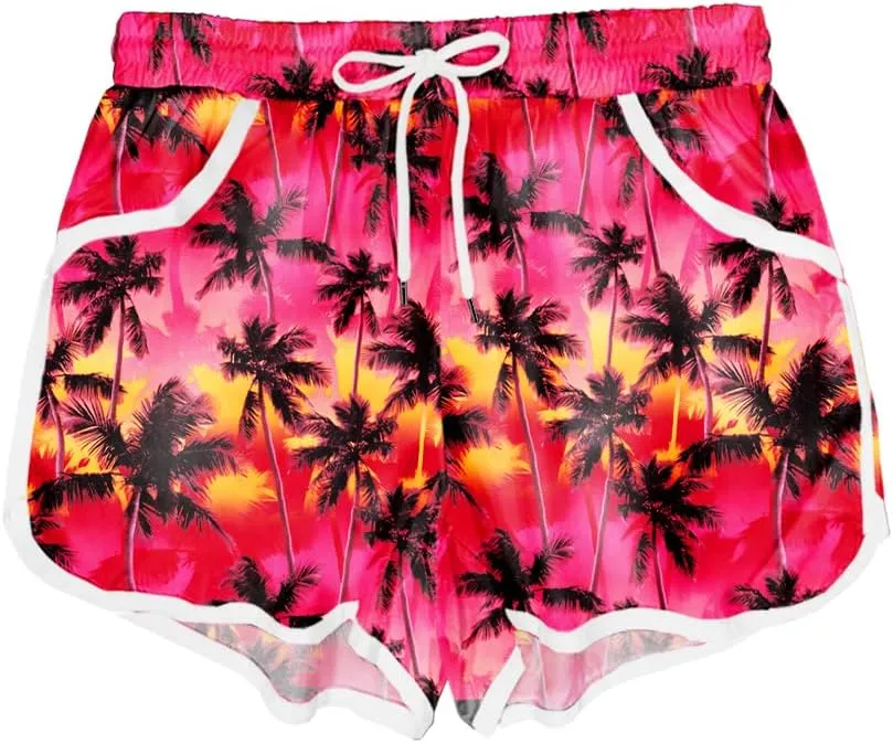 Deerose Women 4th of July Board Shorts Hawaiian Tropical Print Beach Swim Shorts with Pockets