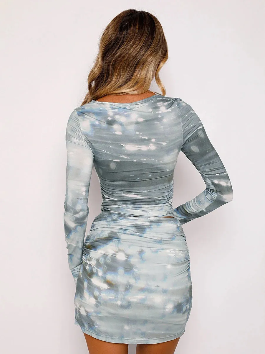 Fashionkova Women¡¯s 2 Piece Summer Outfits Long Sleeve Butterfly Print Ruched Crop Tops Mini Skirt Set Clubwear