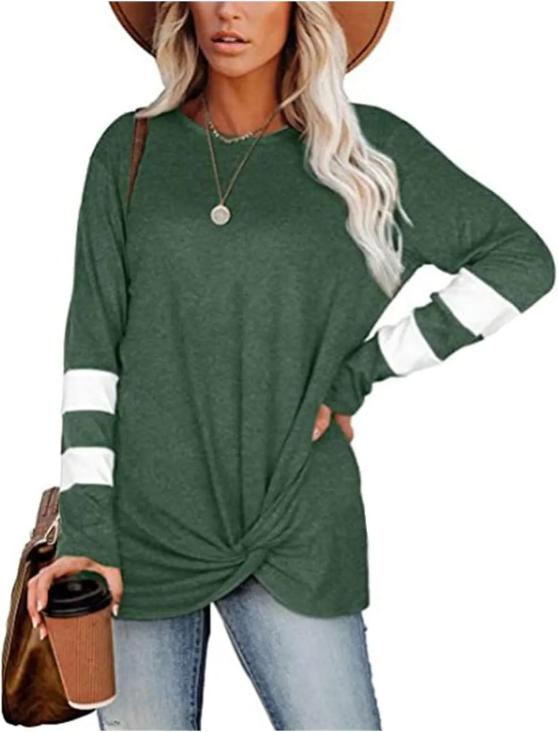 Front Knotted Twist Tops for Women Contrasting Colors T Shirts Casual Loose Fit Round Neck Long Sleeve Pullover Shirts