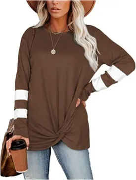 Front Knotted Twist Tops for Women Contrasting Colors T Shirts Casual Loose Fit Round Neck Long Sleeve Pullover Shirts