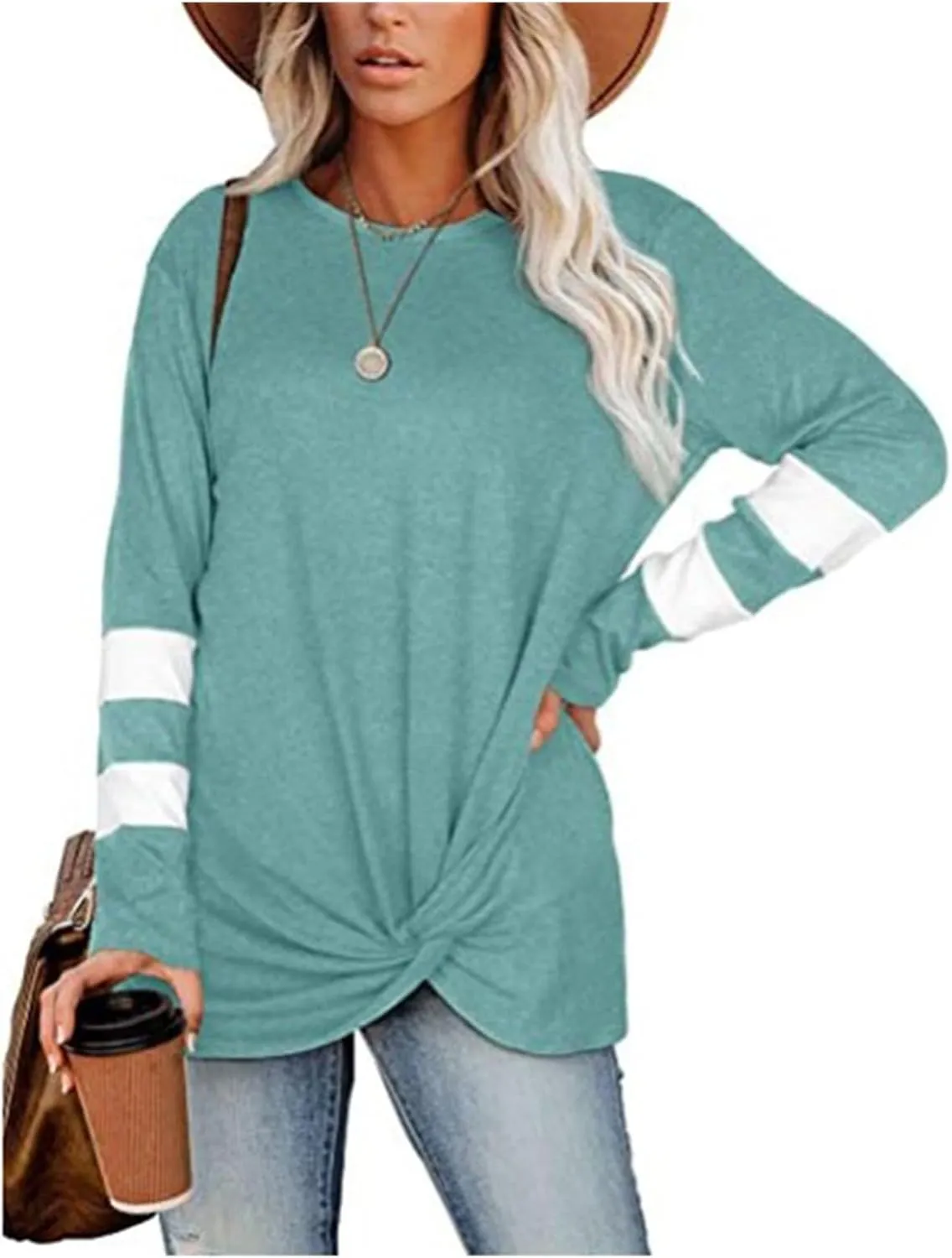 Front Knotted Twist Tops for Women Contrasting Colors T Shirts Casual Loose Fit Round Neck Long Sleeve Pullover Shirts