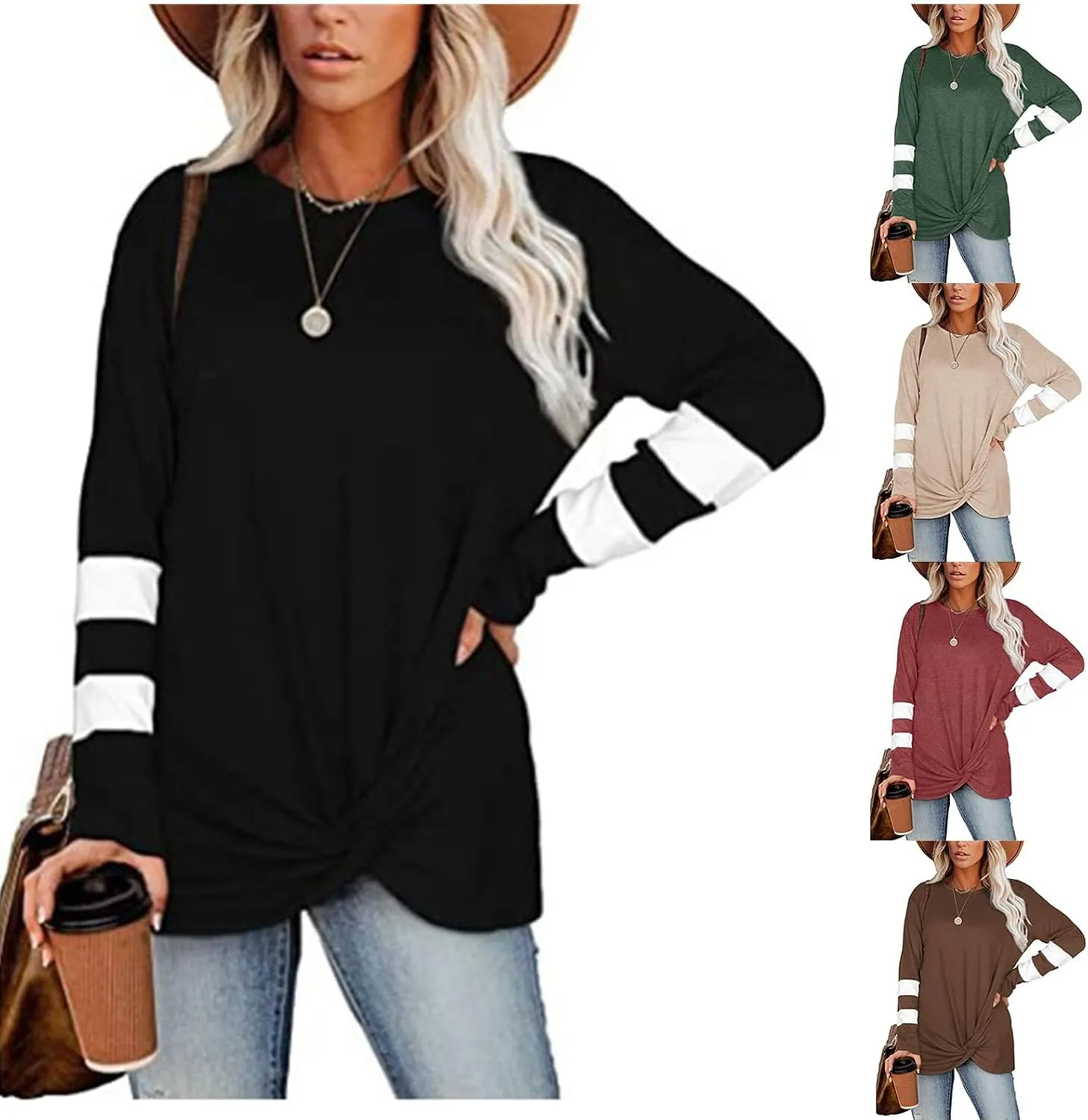 Front Knotted Twist Tops for Women Contrasting Colors T Shirts Casual Loose Fit Round Neck Long Sleeve Pullover Shirts