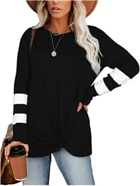 Front Knotted Twist Tops for Women Contrasting Colors T Shirts Casual Loose Fit Round Neck Long Sleeve Pullover Shirts
