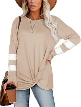 Front Knotted Twist Tops for Women Contrasting Colors T Shirts Casual Loose Fit Round Neck Long Sleeve Pullover Shirts