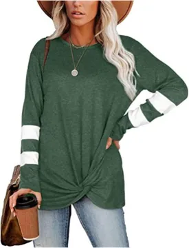 Front Knotted Twist Tops for Women Contrasting Colors T Shirts Casual Loose Fit Round Neck Long Sleeve Pullover Shirts