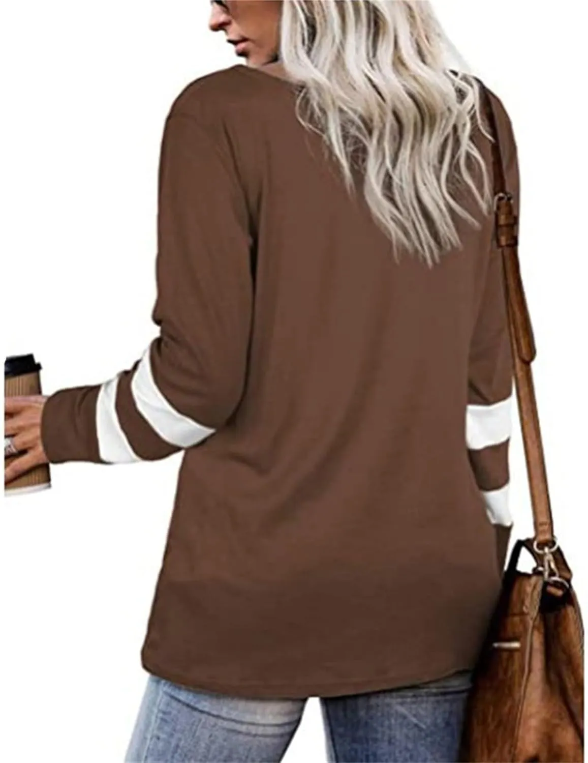 Front Knotted Twist Tops for Women Contrasting Colors T Shirts Casual Loose Fit Round Neck Long Sleeve Pullover Shirts