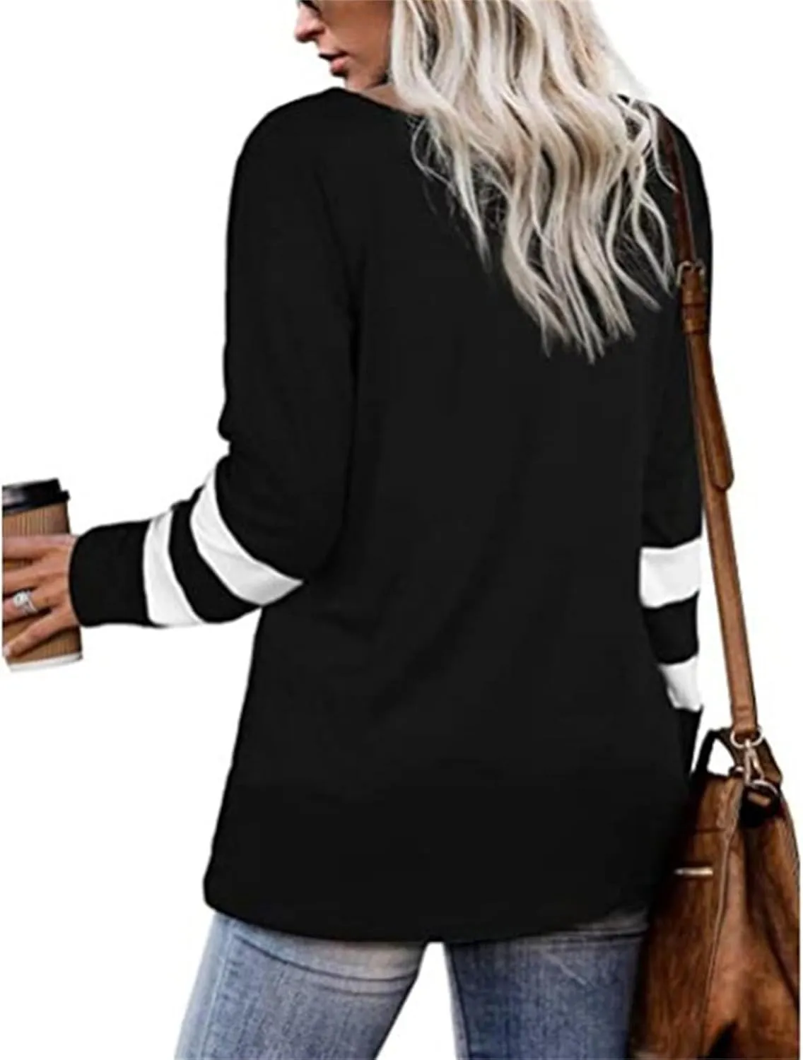 Front Knotted Twist Tops for Women Contrasting Colors T Shirts Casual Loose Fit Round Neck Long Sleeve Pullover Shirts