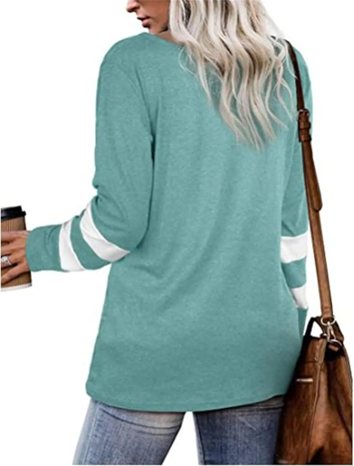 Front Knotted Twist Tops for Women Contrasting Colors T Shirts Casual Loose Fit Round Neck Long Sleeve Pullover Shirts