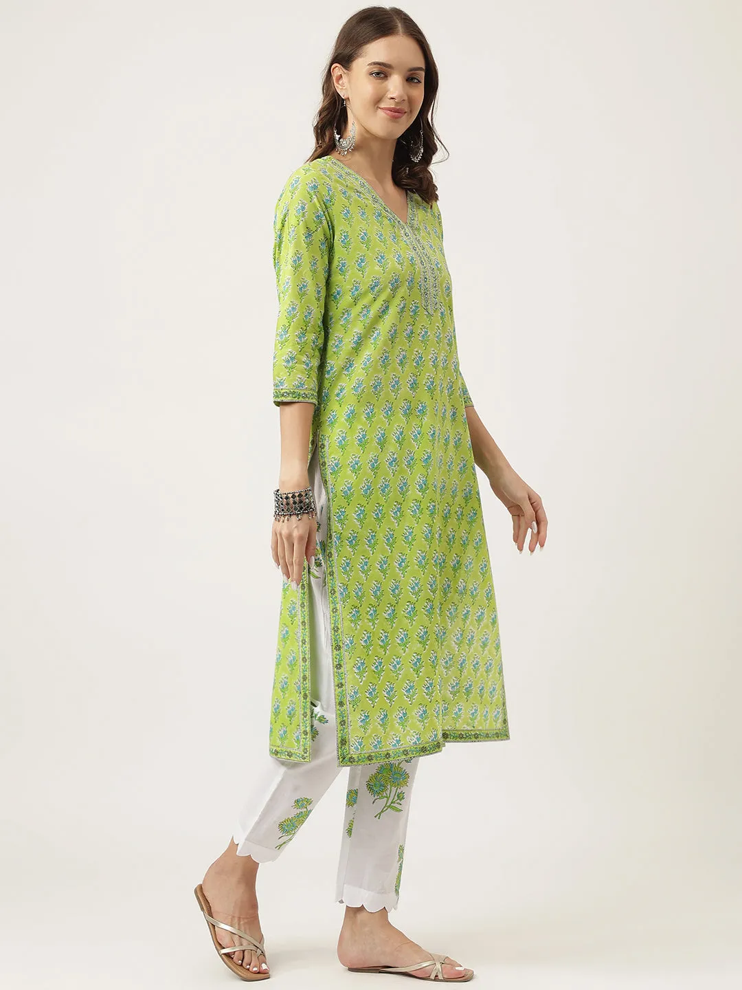 Green Floral Printed Kurta Trouser & Dupatta Set