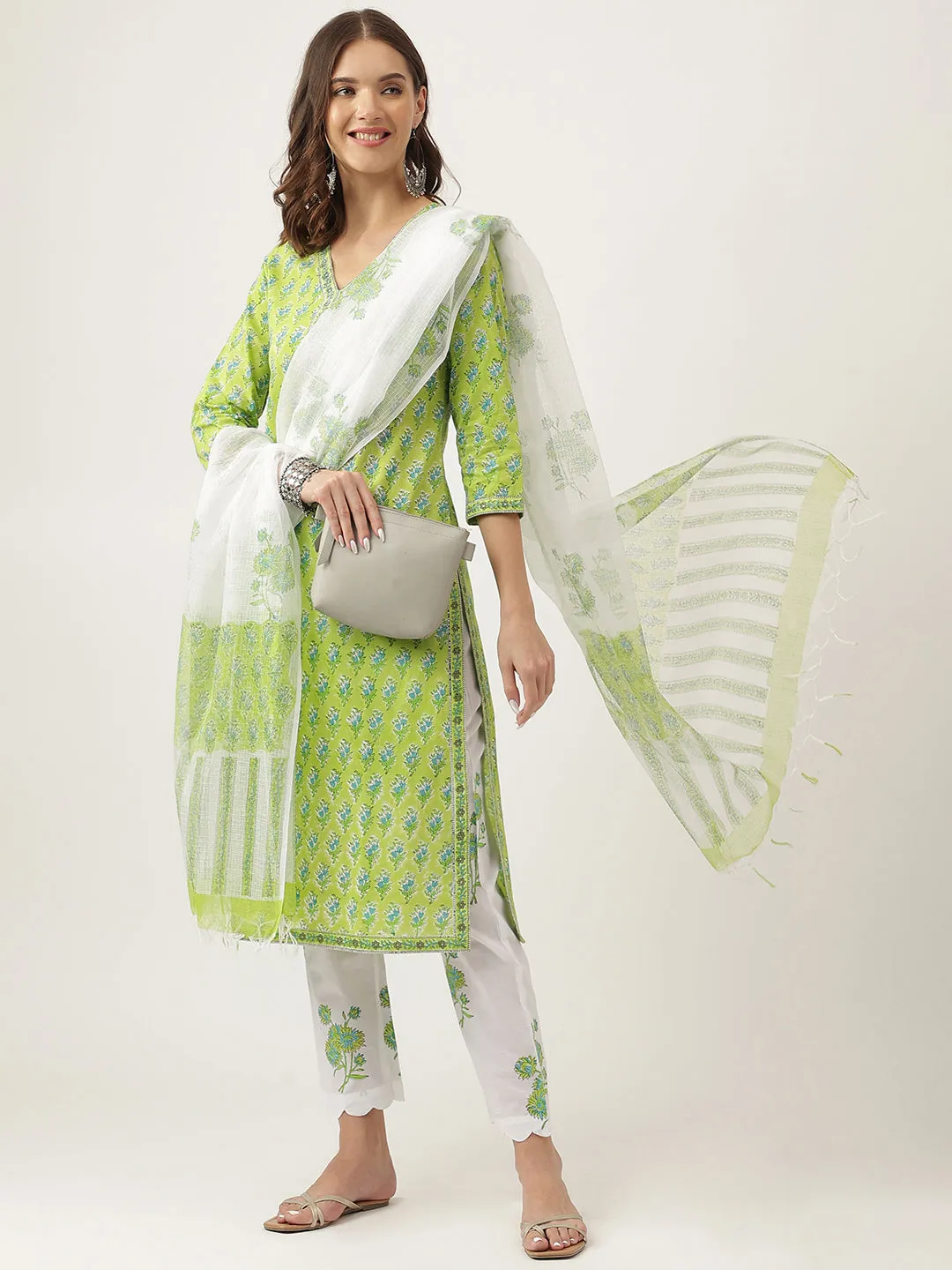 Green Floral Printed Kurta Trouser & Dupatta Set