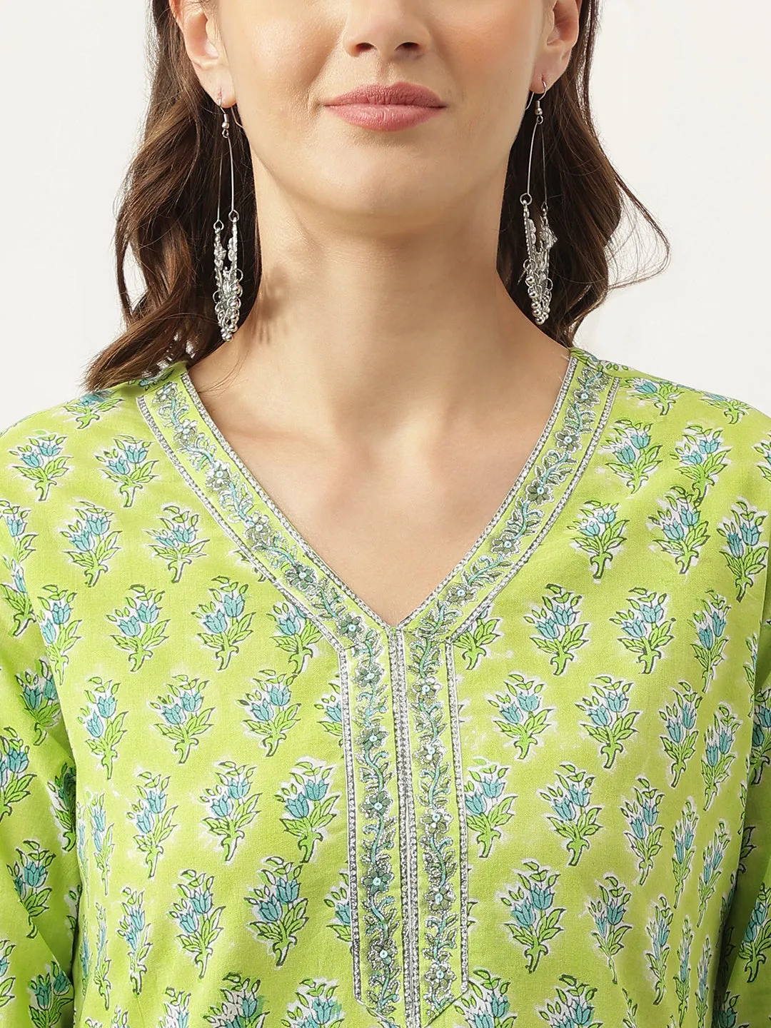 Green Floral Printed Kurta Trouser & Dupatta Set