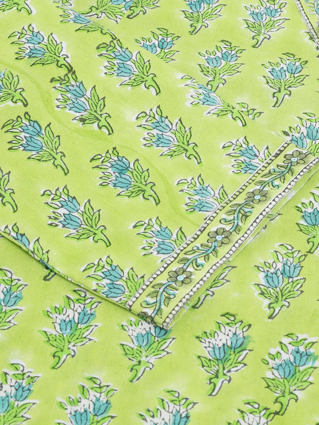 Green Floral Printed Kurta Trouser & Dupatta Set