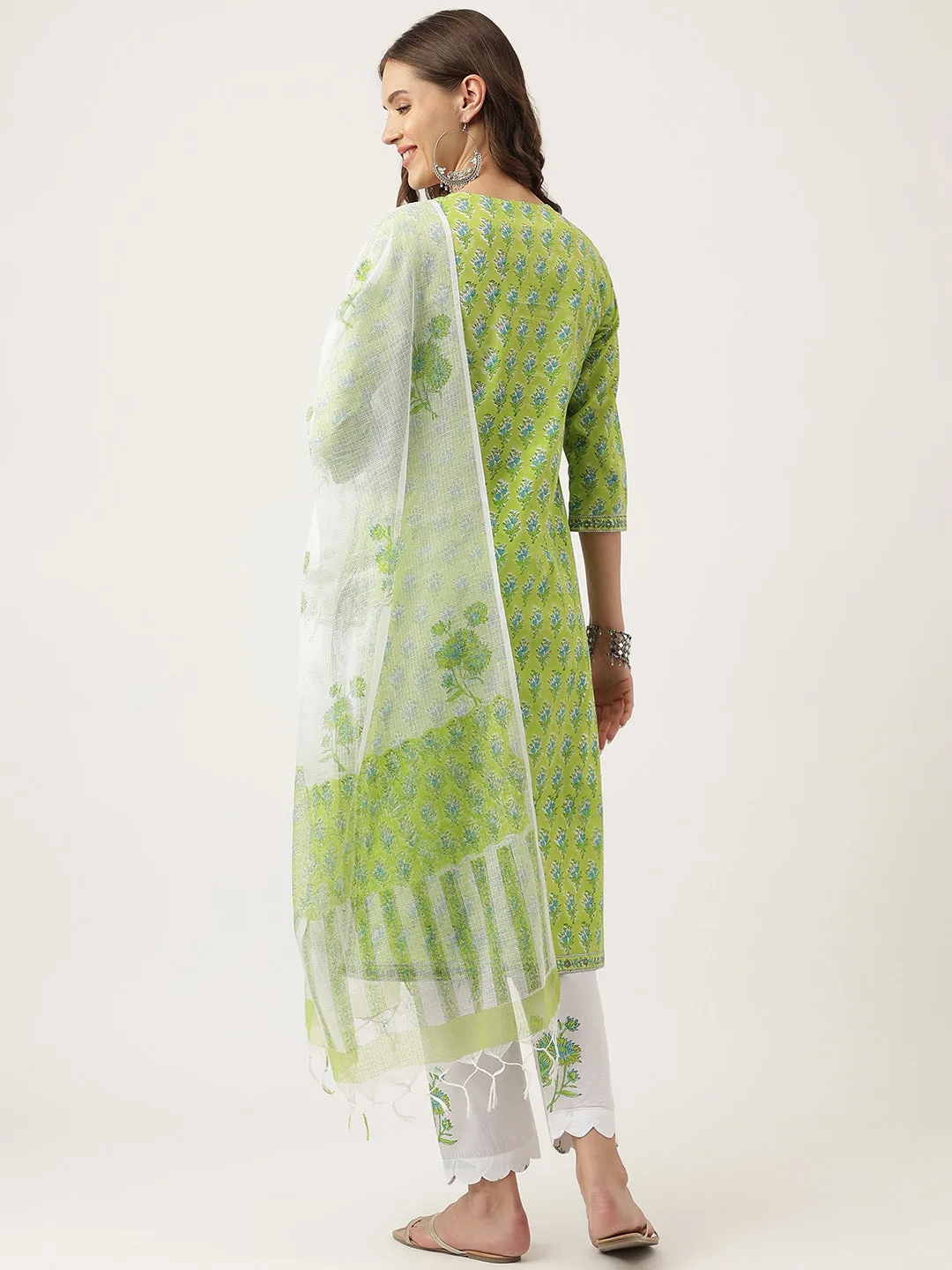 Green Floral Printed Kurta Trouser & Dupatta Set