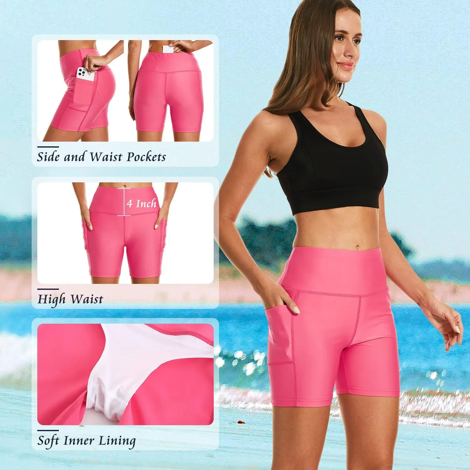 HODOSPORTS Women's 3''/5''/7''/9'' Swim Shorts UPF 50  High Waisted Board Shorts with Pockets Liner Quick Dry Swimsuit Bottom