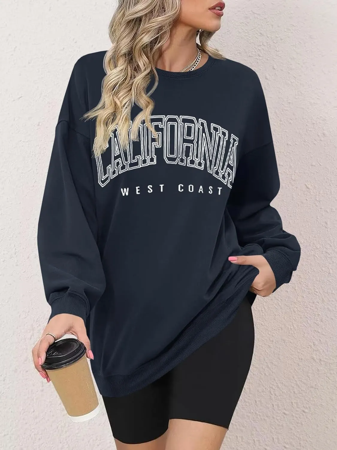 Langwyqu Women's Oversized Sweatshirt Los Angeles California Crewneck Long Sleeve Casual Loose Pullover Tops