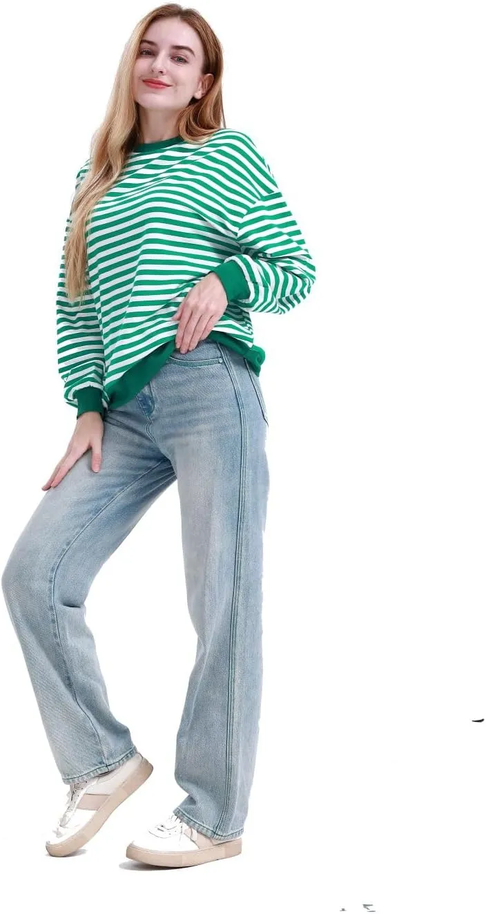 MAGICMK Womens Oversized Sweatshirt Long Sleeve Striped Crewneck Hoodies Shirts Trend Preppy Fall Women pullover tops