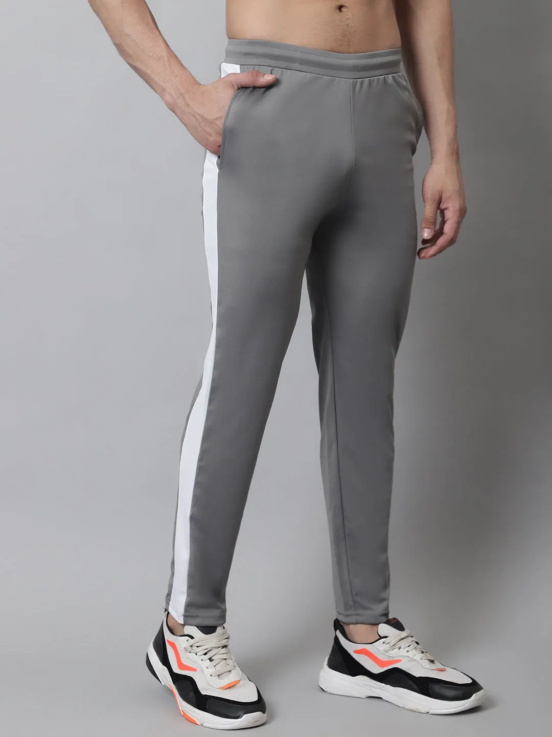 Men'S Grey And White Striped Streachable Lycra Trackpants
