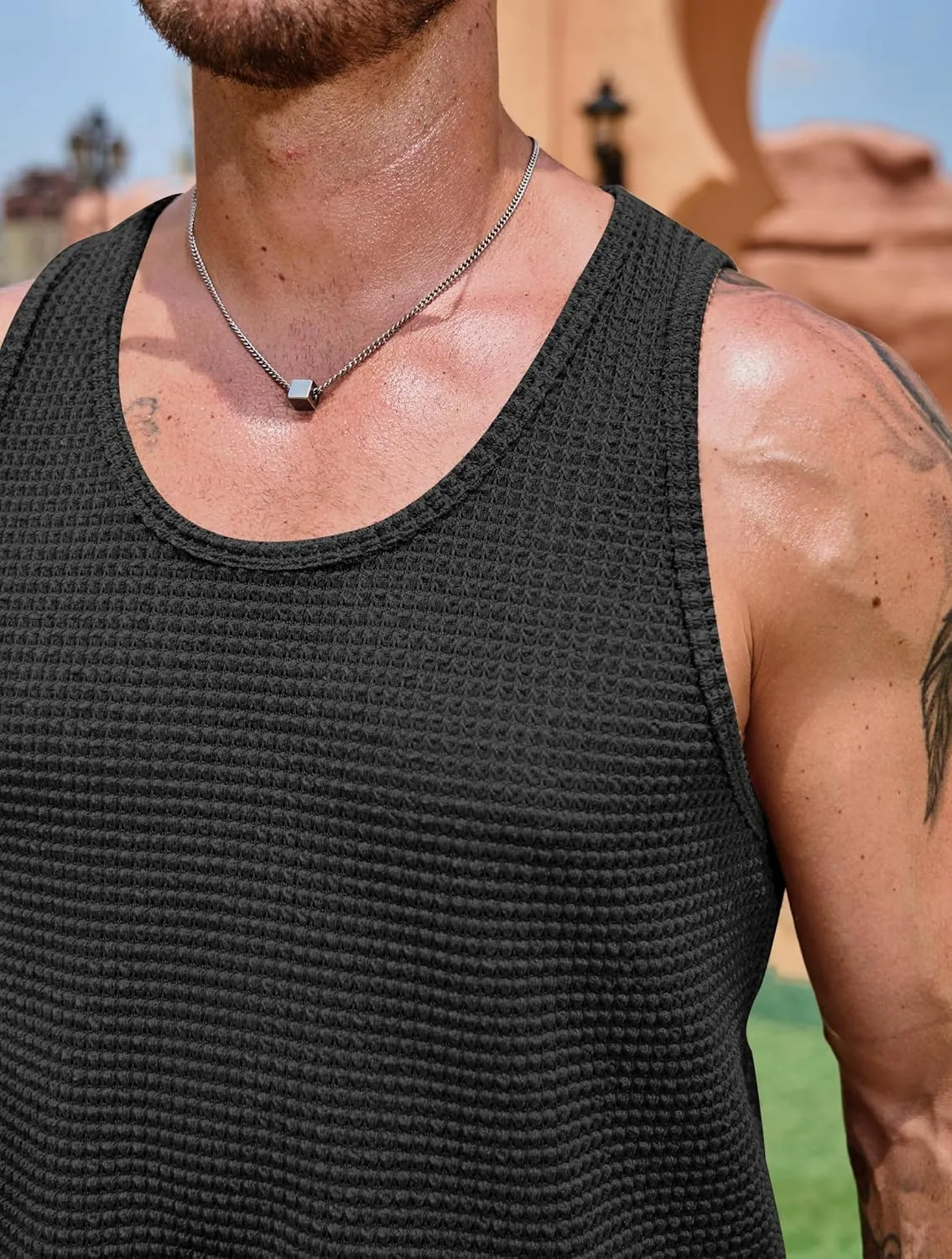 Mens Hollow Out Tank Top See Through Sleeveless Crochet Shirt Summer Vcation Beach Muscle Knit Vest (S-XXL)