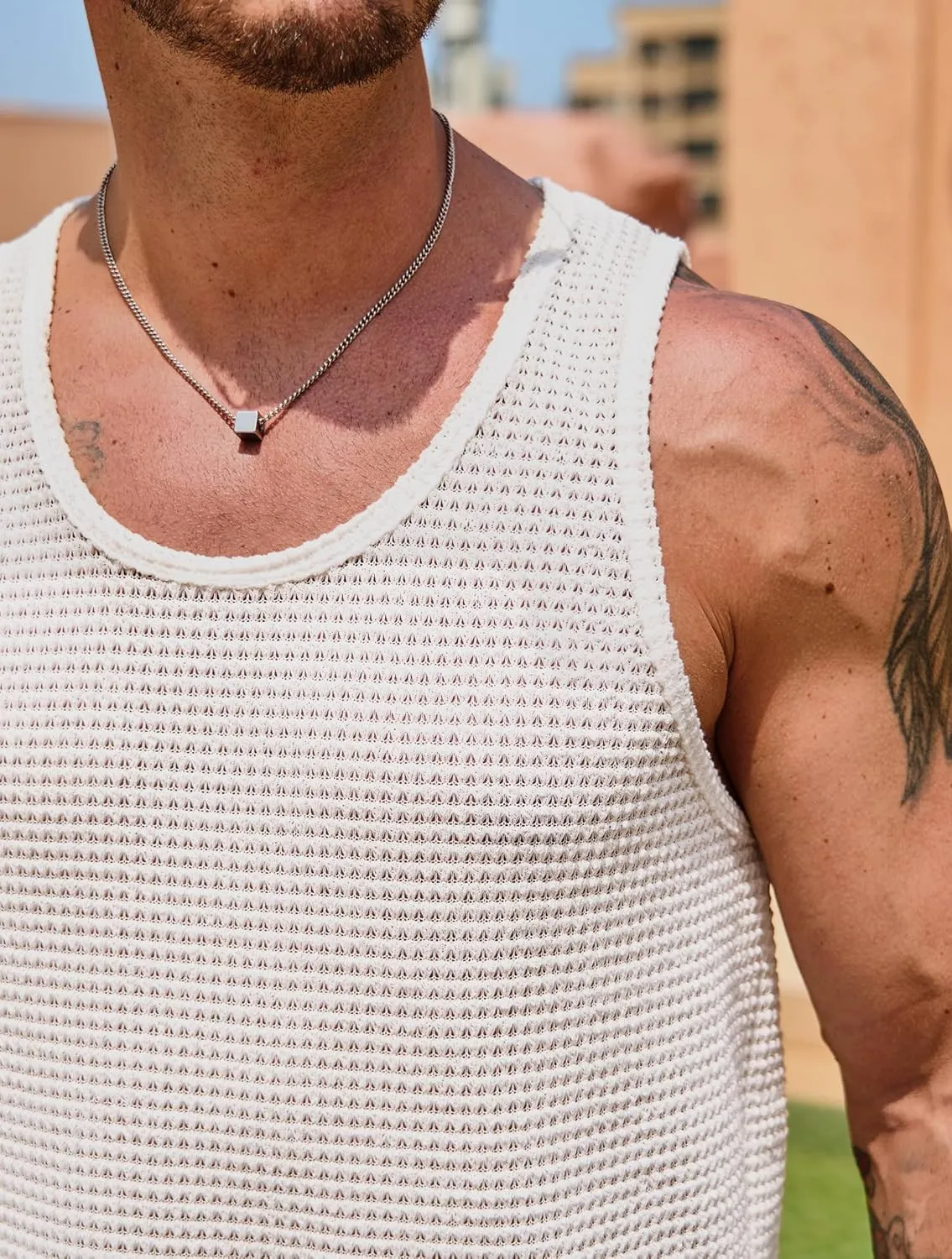 Mens Hollow Out Tank Top See Through Sleeveless Crochet Shirt Summer Vcation Beach Muscle Knit Vest (S-XXL)
