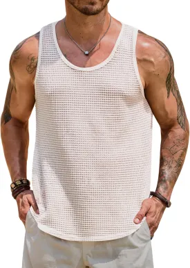 Mens Hollow Out Tank Top See Through Sleeveless Crochet Shirt Summer Vcation Beach Muscle Knit Vest (S-XXL)