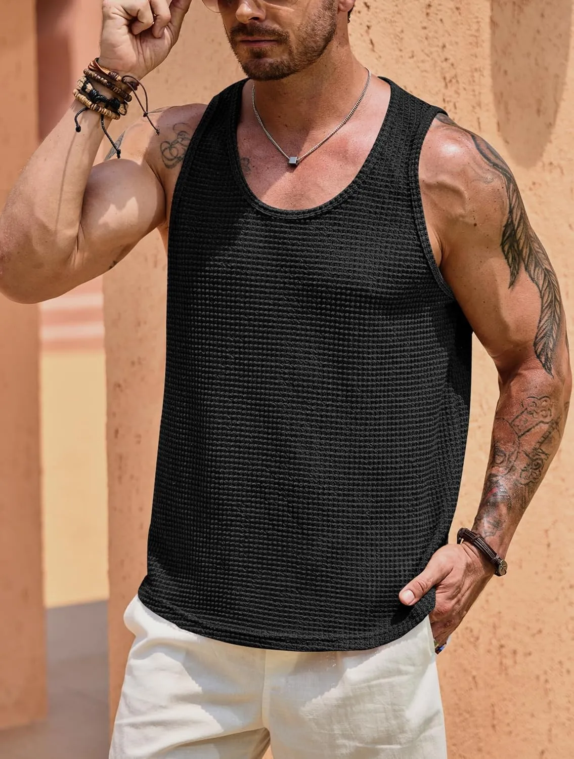Mens Hollow Out Tank Top See Through Sleeveless Crochet Shirt Summer Vcation Beach Muscle Knit Vest (S-XXL)