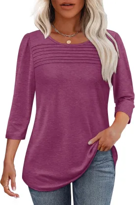 OFEEFAN Womens Tops 3/4 Length Sleeve Blouses Dressy Casual Spring Summer Outfits Pleated Front T Shirts Curved Hem