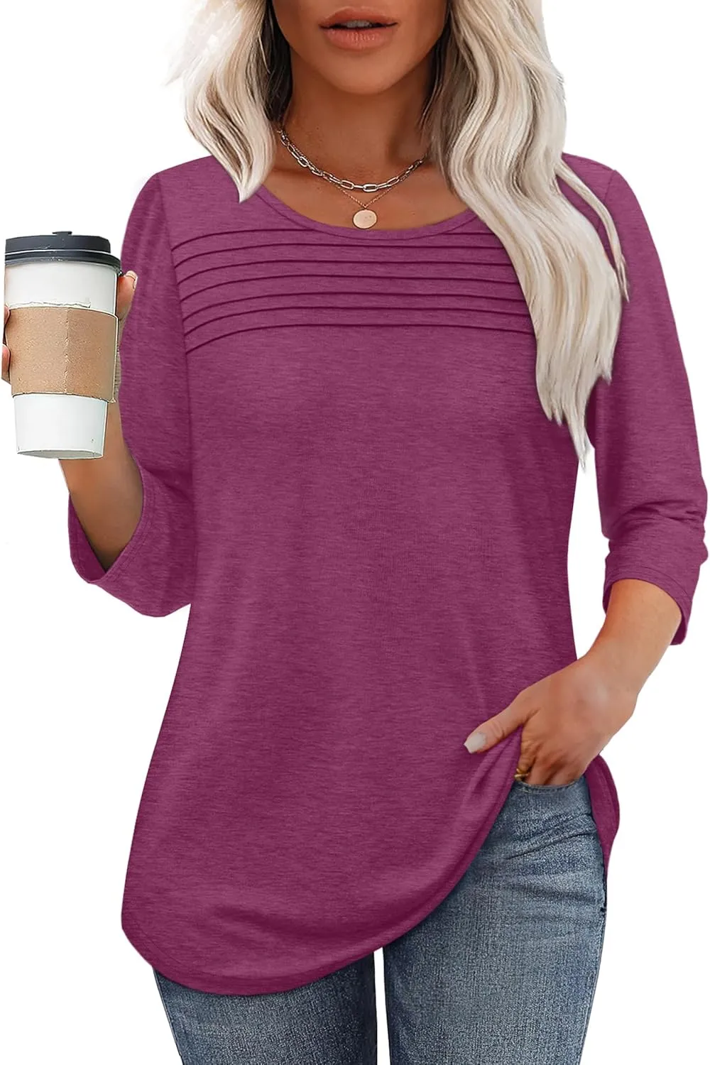 OFEEFAN Womens Tops 3/4 Length Sleeve Blouses Dressy Casual Spring Summer Outfits Pleated Front T Shirts Curved Hem