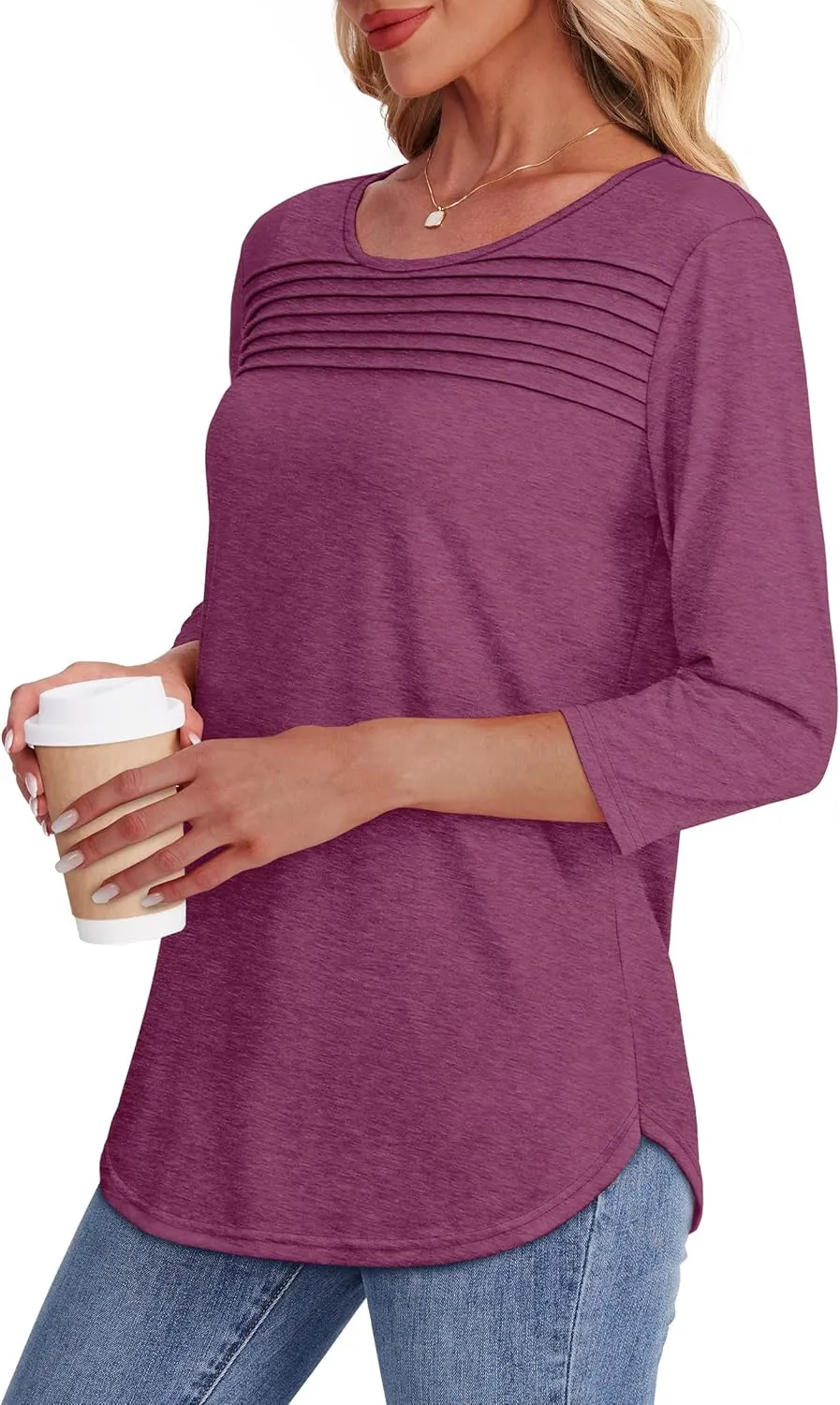 OFEEFAN Womens Tops 3/4 Length Sleeve Blouses Dressy Casual Spring Summer Outfits Pleated Front T Shirts Curved Hem