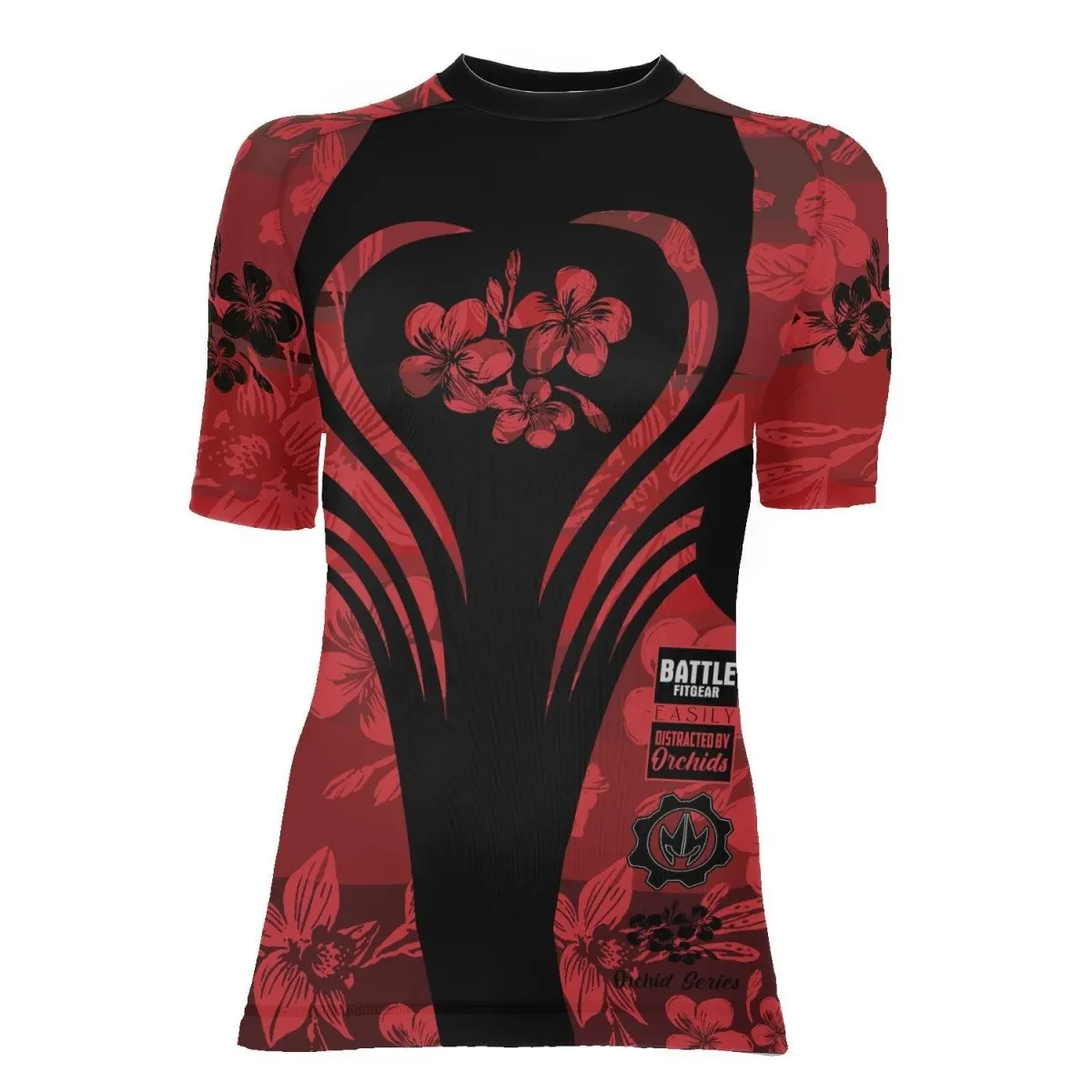 Orchid Series Floral Red Heart Pattern Women's Short Sleeve Rash Guard