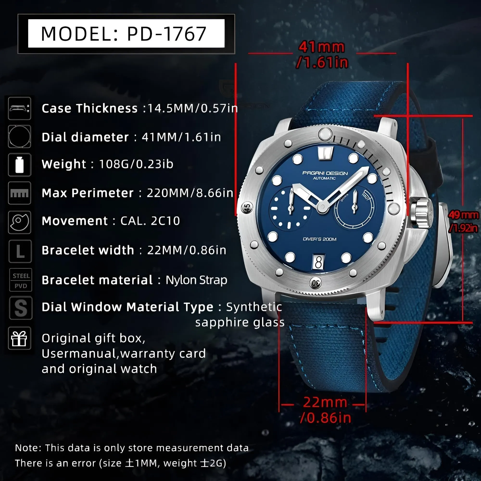 Panerai Homage Men's Watch Automatic Mechanical Watches Diver Watch For Top Brand Luxury 200M Waterproof AR Sapphire Watch for Men