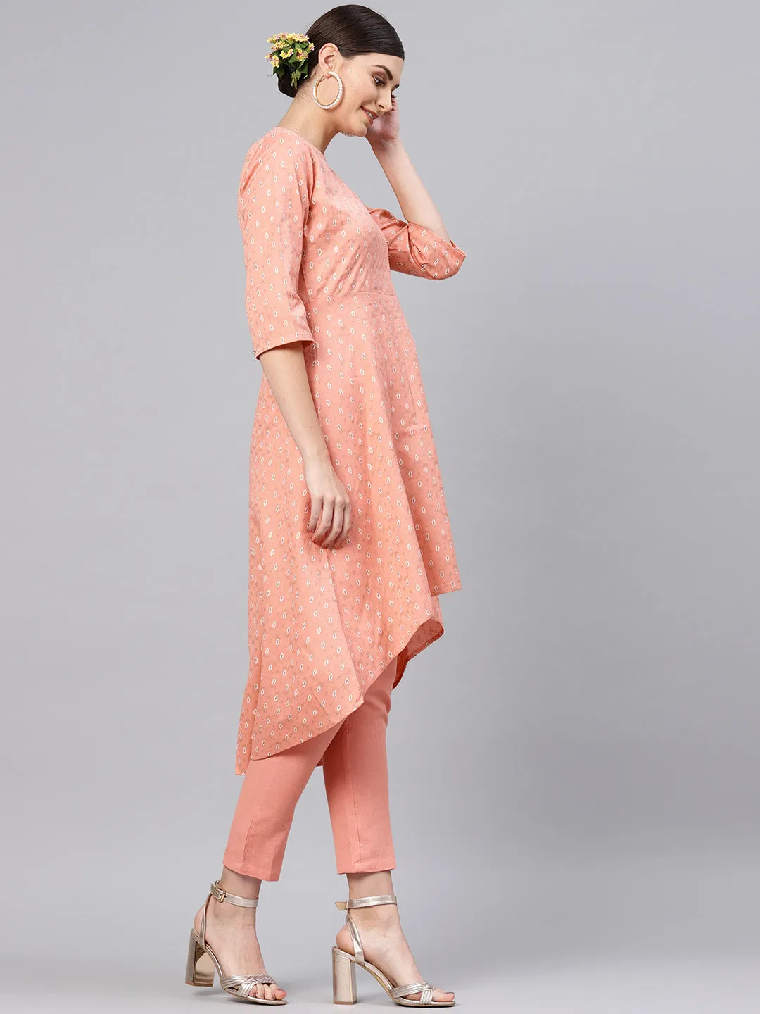 Peach Foil High Low Kurta With Peach Pants