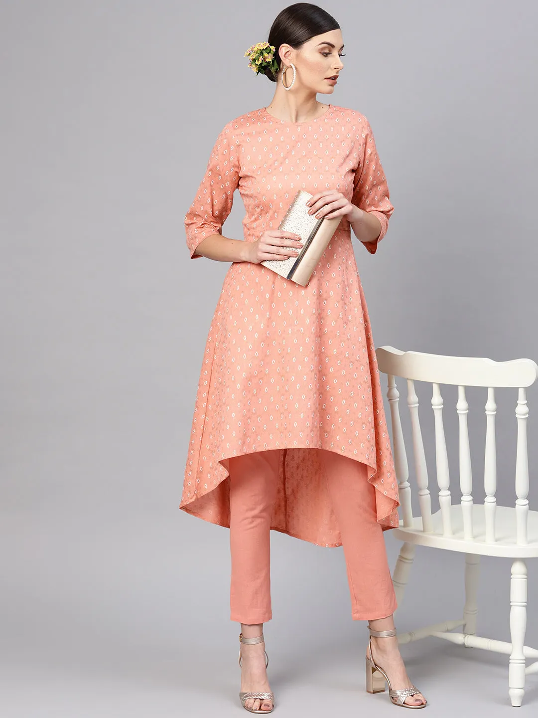 Peach Foil High Low Kurta With Peach Pants
