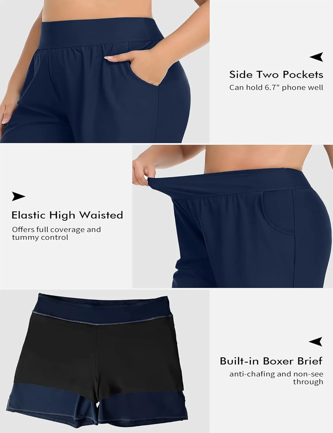 Plus Size Swim Shorts for Women High Waisted Board Shorts Tankini Swimsuit Bottom with Pockets